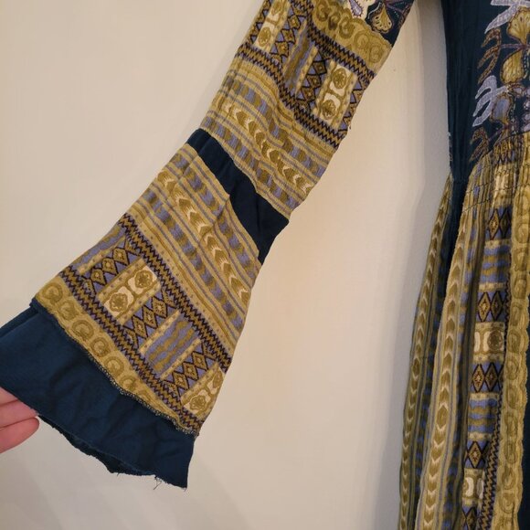 Earthbound Trading‎ Boho Maxi Dress Ethnic Print Flared Sleeves M Blue Green - Picture 6 of 7